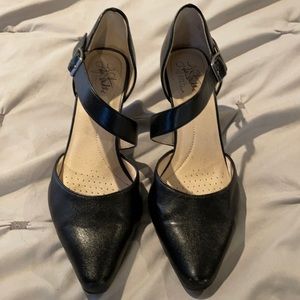 Black short strap heels. Very comfortable!